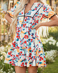 Floral Half Zip Ruffle Mini Dress
