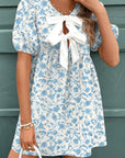 Floral Bow Puff Sleeve Mini Dress