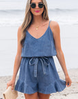 Aspyn Spaghetti Straps Ruffled Leg Chambray Romper