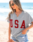 USA Patch Notched Neck Loose Tee