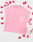 Solid Ribbed Knit Patch Pocket Short Sleeve Sweater