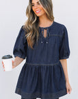 Gracelyn Puff Sleeve Lace-up Neckline Denim Blouse