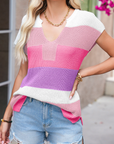 Colorblock Notched V-Neck Sweater T-Shirt