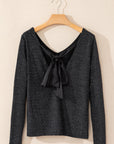 Metallic Satin Bow Open Back V-Neck Top
