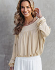 Solid Ribbed Knit Pleated Long Sleeve Top