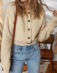 Solid Button-Up Cropped Cardigan Sweater
