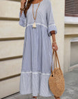 Stripe Patchwork Lace Trim 3/4 Sleeve Maxi Dress