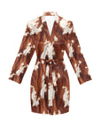 Brown Cow Print Women's Long Sleeve Belted Satin Feel Dressing Lounge Robe