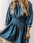 Vera 3/4 Sleeve Shirred High Waist Buttoned Dress