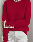 Lace Trim Patchwork Buttoned Cuff Sweater