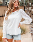 Allison Eyelet Embroidered Smocked Cuff Sheer Blouse