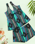 Teal Aztec Tankini Boy Shorts Swim Set