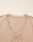 Lace Trim Ruched V-Neck Long Sleeve Top
