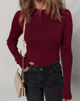 Solid Metallic Ribbed Knit Long Sleeve Top