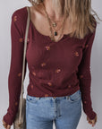 Floral Ribbed Notched Neck Long Sleeve Top