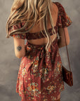 Floral Puff Sleeve Open Back Mini Dress