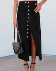 Emberlynn Button Fly Side Split High Waist Denim Midi Skirt