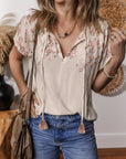Louisa Embroidered Short Sleeve Tassel Tied Blouse
