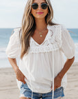 Ivory Embroidered Lace Tie Blouse
