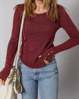 Solid Ribbed Knit Buttoned Long Sleeve Top