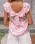 Floral Bow Back Ruffle Sleeve Blouse