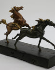 Extra Large Two Racing Horses Stallion on Natural Wood Bronze Sculpture Statue