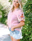 Araceli Floral Embroidered Puff Sleeve Split Neck Blouse