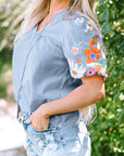 Floral Embroidered Puff Sleeve Blouse