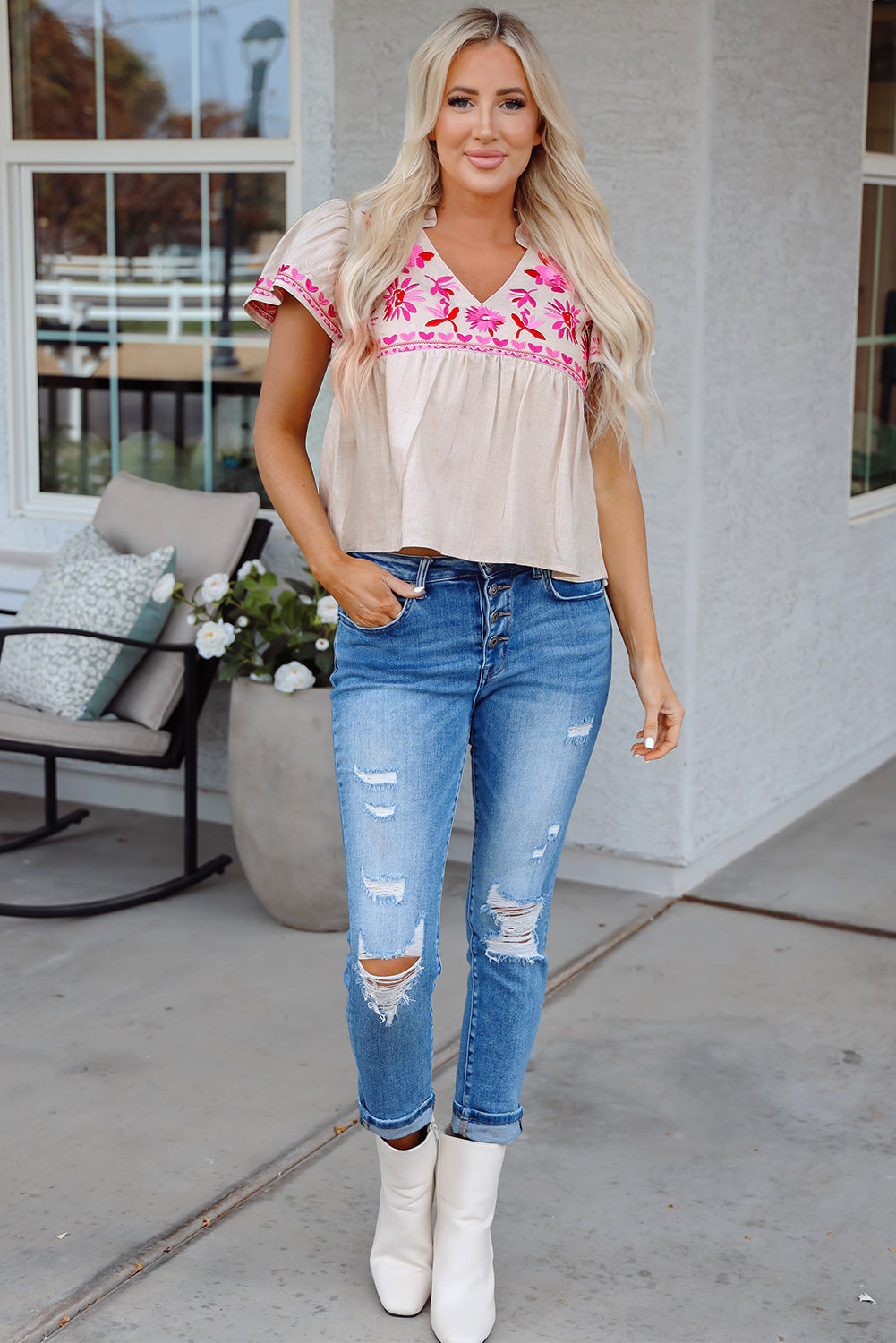 Jaliyah Floral Embroidered Notched V Neck Blouse