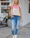 Jaliyah Floral Embroidered Notched V Neck Blouse