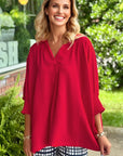 Solid Collared V-Neck Smocked 3/4 Sleeve Top