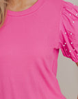 Shiloh Ribbed Pearl Beaded Puff Sleeve Top