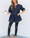 Gracelyn Puff Sleeve Lace-up Neckline Denim Blouse