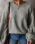 Solid Pearl Drop Shoulder Round Neck Sweater