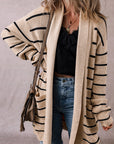 Stripe Shawl Neck Pocketed Open Cardigan