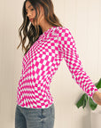 Checkered Pattern Mesh Long Sleeve Top