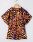 Leopard Draped Short Sleeve Blouse