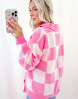 Pink Checkered Button Collared Sweater