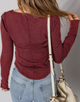 Solid Ribbed Knit Buttoned Long Sleeve Top