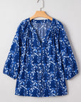 Floral 3/4 Sleeve Notched Neck Blouse