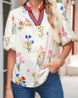 Floral Contrast Puff Sleeve Blouse