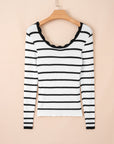 Stripe Scalloped Scoop Neck Ribbed Knit Sweater