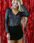 Gia Sequin V Neck Zipped Long Sleeve Bodysuit