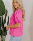 Shiloh Ribbed Pearl Beaded Puff Sleeve Top