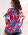Lisa Plus Brushstroke Ruffle Sleeve Button V Neck Blouse