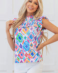 Reign Flutter Sleeve Mock Neck Shirred Blouse