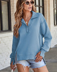 Solid Collared Drop Shoulder Side Slit Sweatshirt