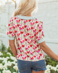 Romy Floral Striped Patchwork Collared Short Sleeve Blouse