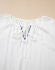 Floral Embroidered Drawstring V-Neck Blouse