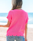 Janelle Distressed Hem Short Sleeve Button Sweater